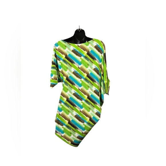 Colori, (Made in 🇨🇦), Asymmetrical Blouse, Large, Green, Blue & White - Picture 7 of 9